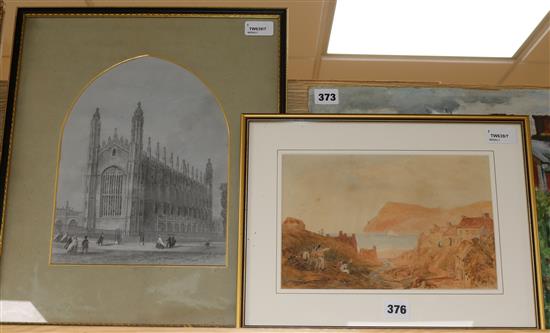 Follower of John Callow (1822-1878), watercolour, Harbour view with figures; and a drawing of Kings College, Cambridge,